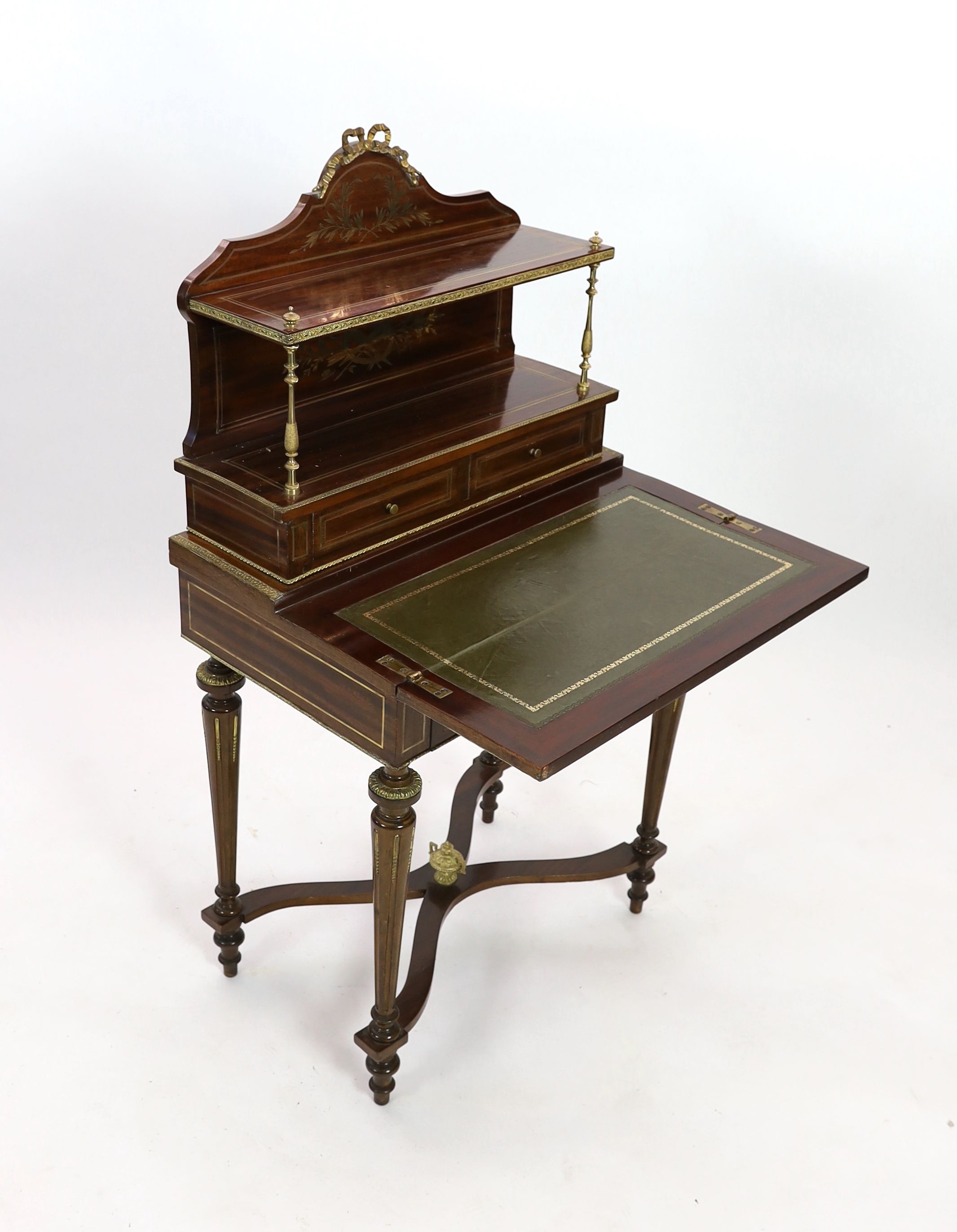 A 19th century French brass mounted and inlaid mahogany bonheur du jour, with shaped X stretcher, width 70cm depth 45cm height 129cm